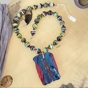 $99 SALE Handmade Iridescent Blue Red Glass Statement Necklace Gift Colorful